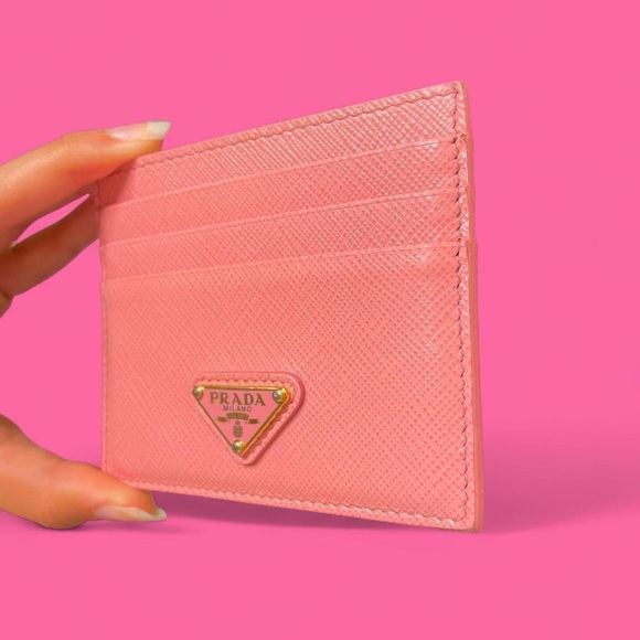 prada triangle logo leather card holder wallet in “petal pink” gold hardware! - Picture 3 of 8